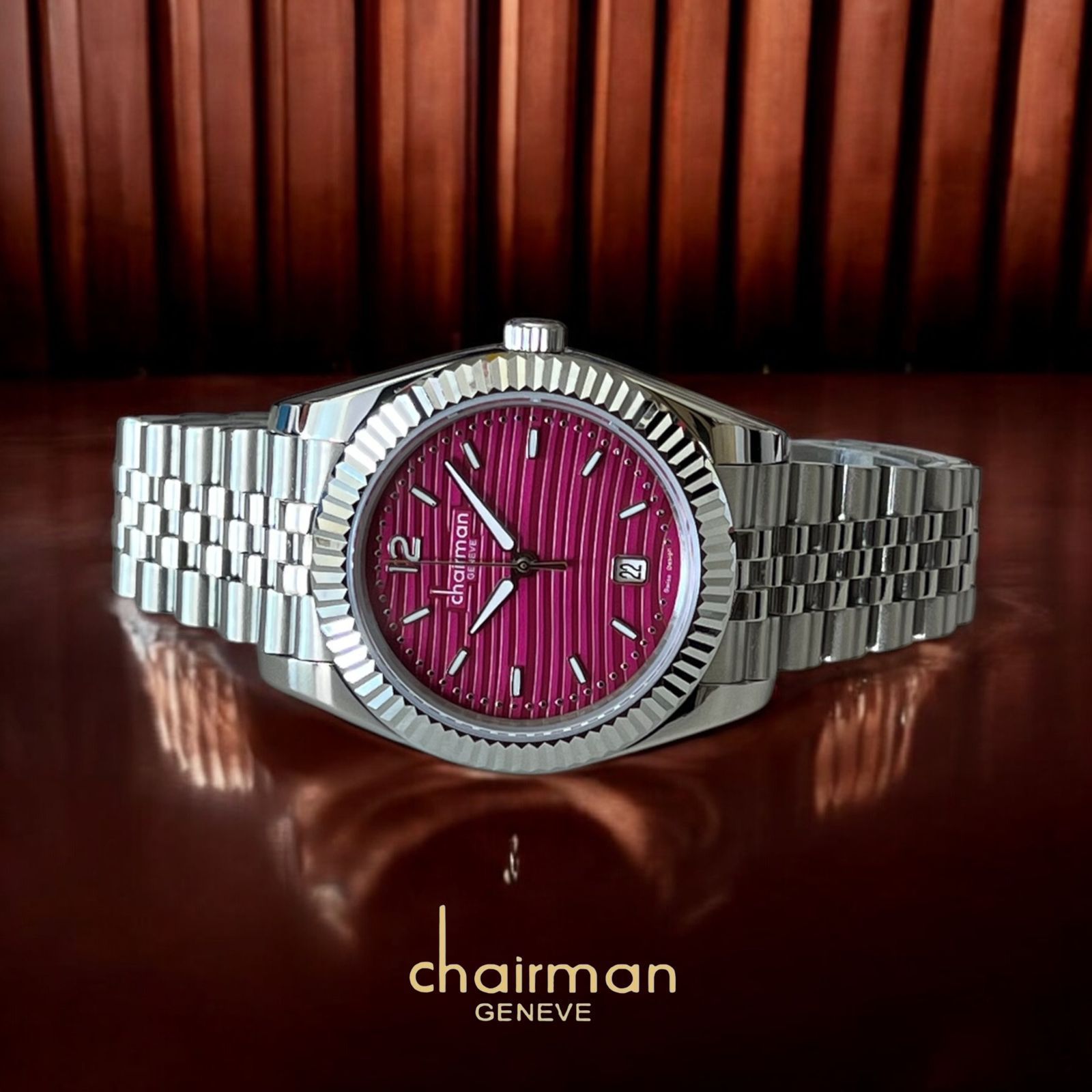 Chairman Geneve Dated Maroon Dial Silver Chain Gents Watch
