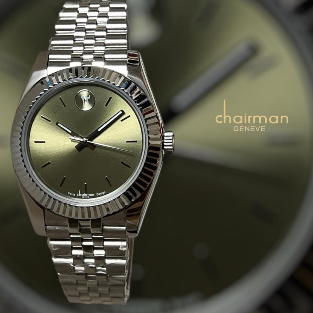 Swiss Chairman Geneve Dated Olive Green Dial Silver Chain Gents Watch