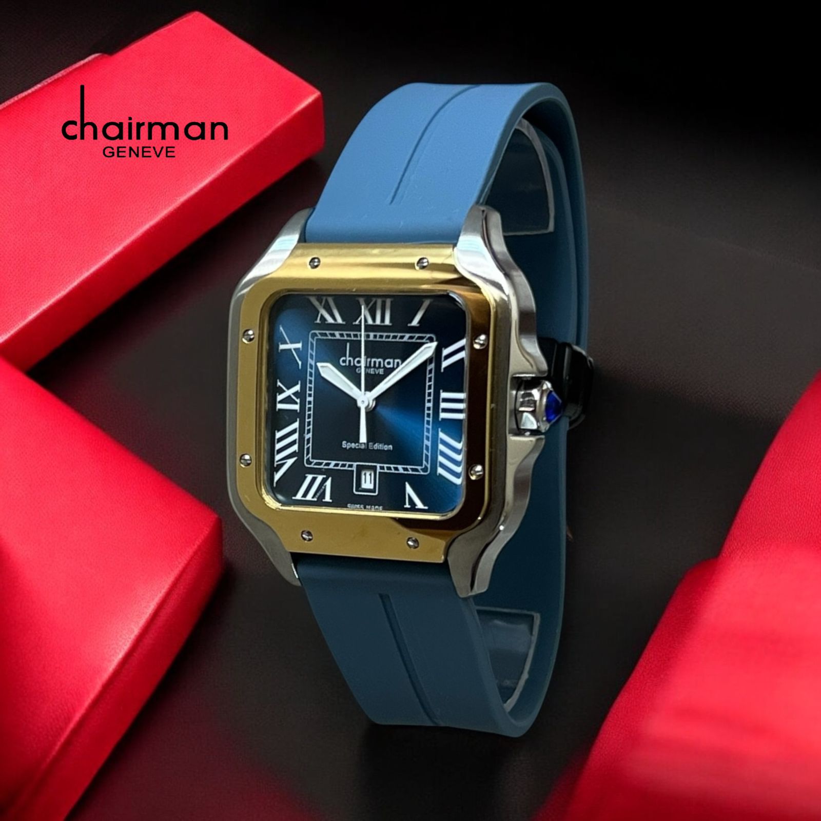 Chairman Geneve Dated Roman Blue Dial Blue Strap Gents Watch