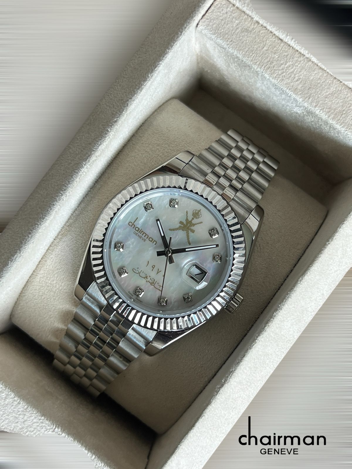 Chairman Geneve Dated White Marble Dial Silver Chain Gents Watch