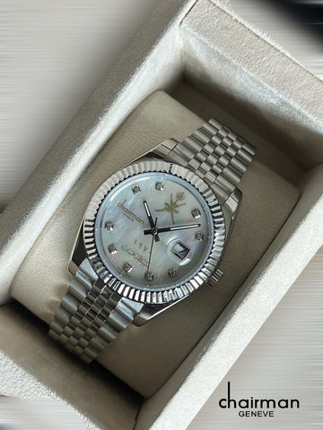 Chairman Geneve Dated White Marble Dial Silver Chain Gents Watch