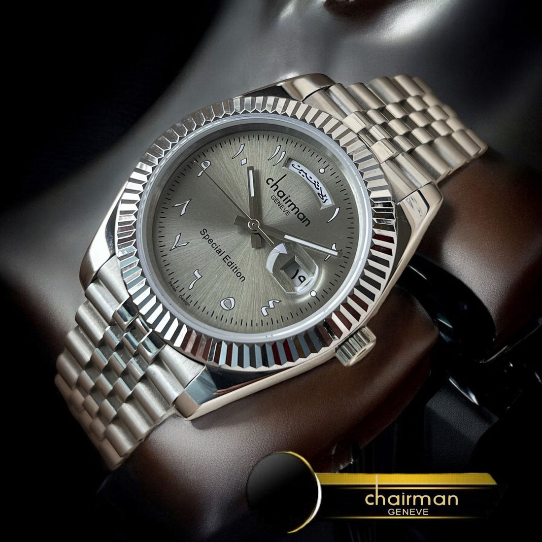 Chairman Geneve Day And Dated Arabic Grey Dial Silver Chain Gents Watch