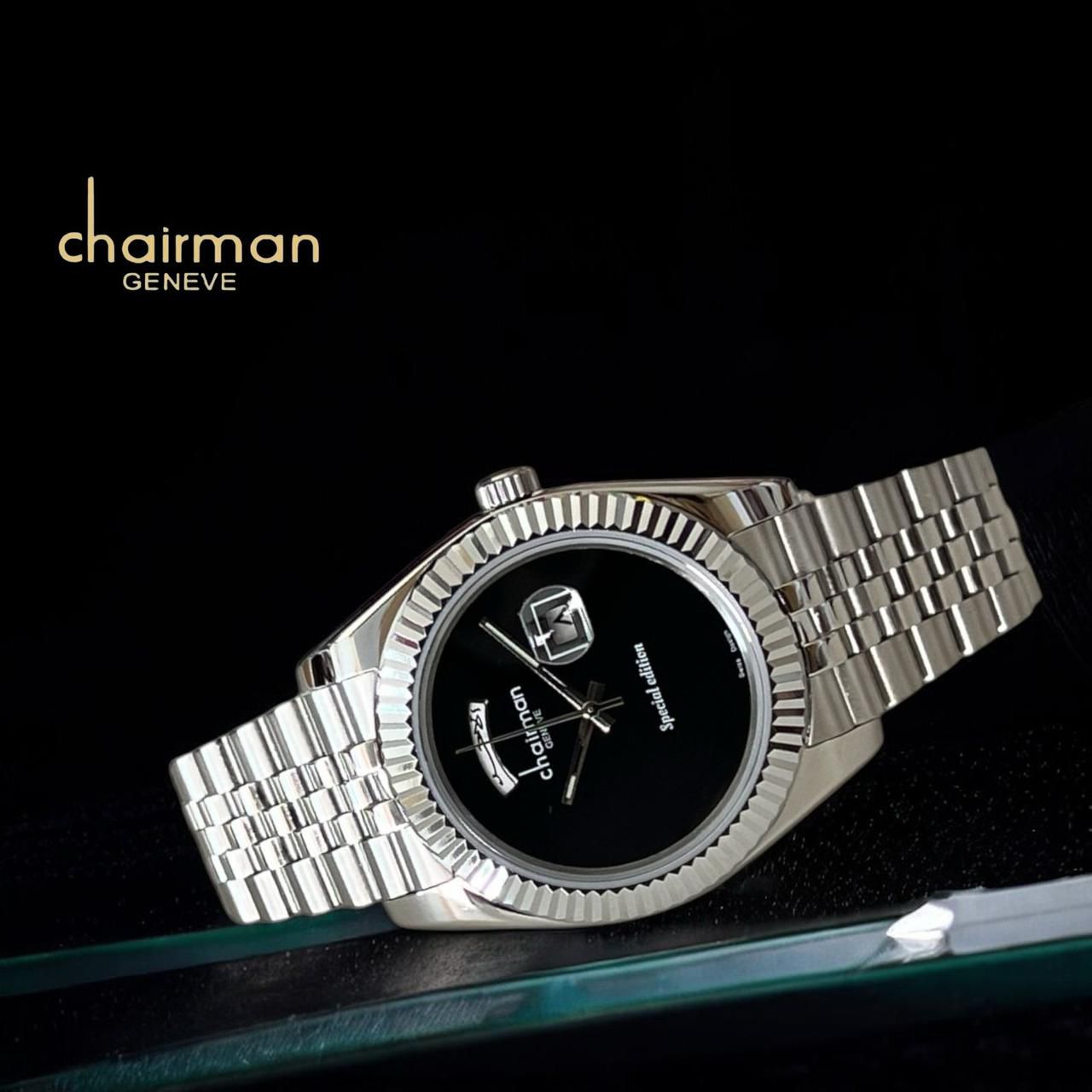 Chairman Geneve Day And Dated Black Dial Silver Chain Gents Watch
