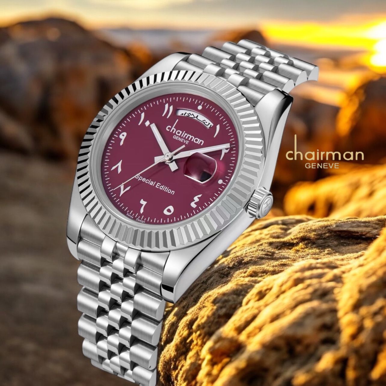 Chairman Geneve Day And Dated Maroon Arabic Dial Silver Chain Gents Watch