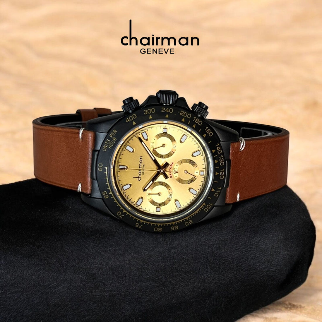 Chairman Geneve Daytona Mechanical Golden Dial Brown Strap Gents Watch