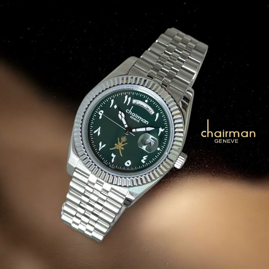 Chairman Geneve Green Dated Arabic Dial Silver Chain Gents Watch