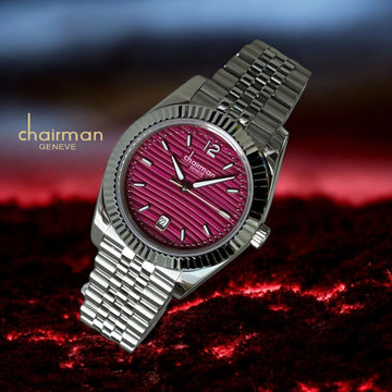 Chairman Geneve Maroon Dated Dial Silver Chain Gents Watch