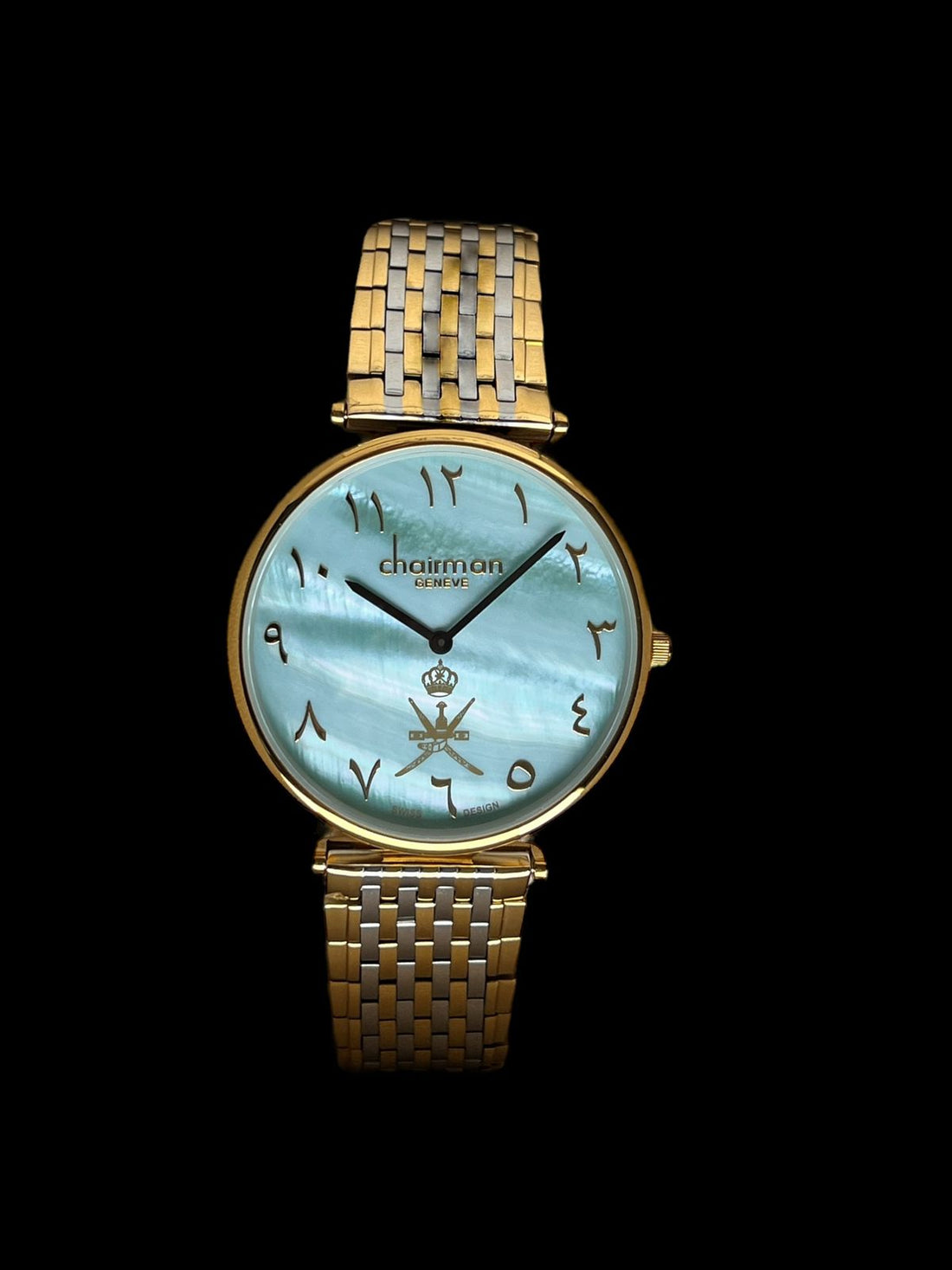 Chairman Geneve OMAN Emblem Arabic Baby Blue Dial Silver And Gold Chain Gents Watch