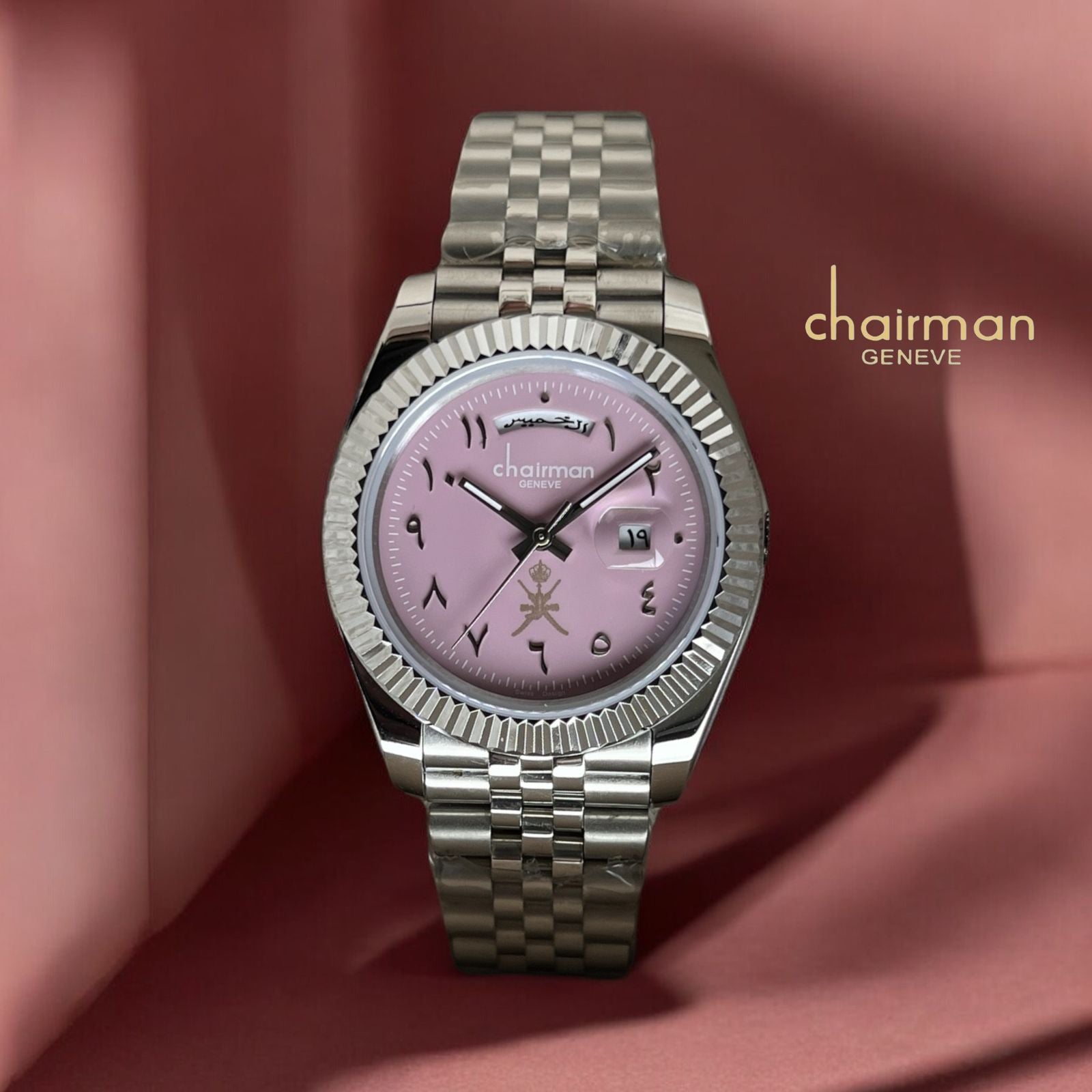 Chairman Geneve OMAN Emblem Arabic Day And Dated Pink Dial Silver Chain  Gents Watch