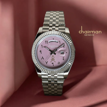 Chairman Geneve OMAN Emblem Arabic Day And Dated Pink Dial Silver Chain  Gents Watch