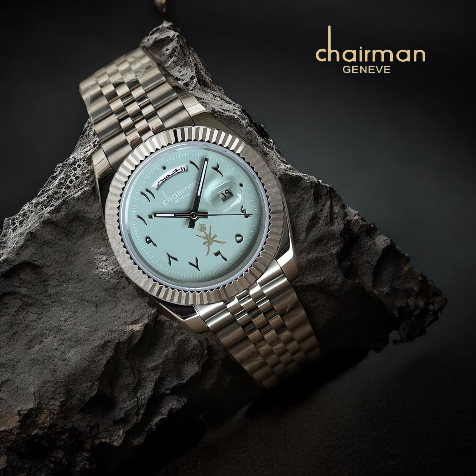 Chairman Geneve OMAN Emblem Arabic Day And Dated Sky Blue Dial Silver Chain Gents Watch