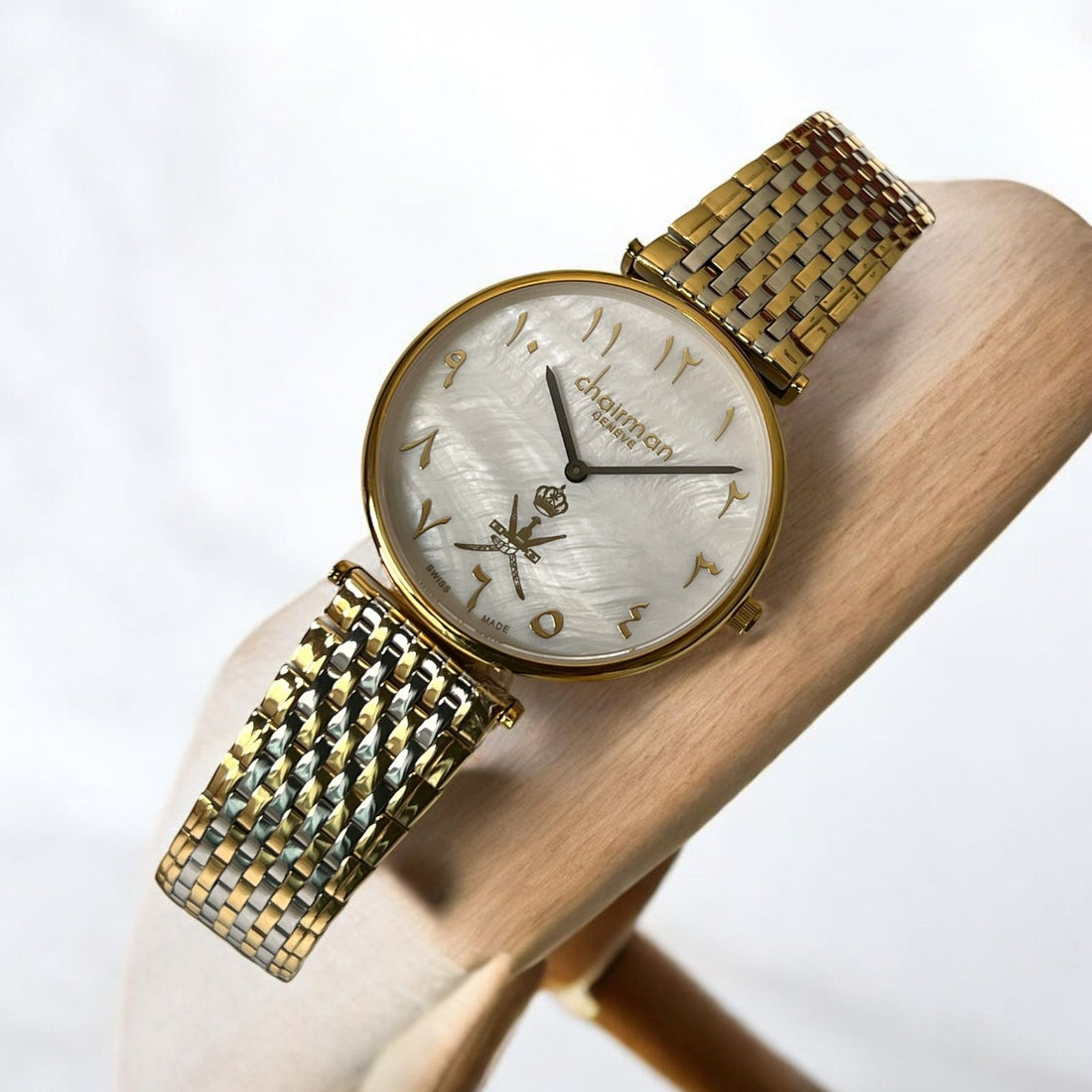 Chairman Geneve OMAN Emblem Arabic White Dial Silver And Gold Chain Gents Watch