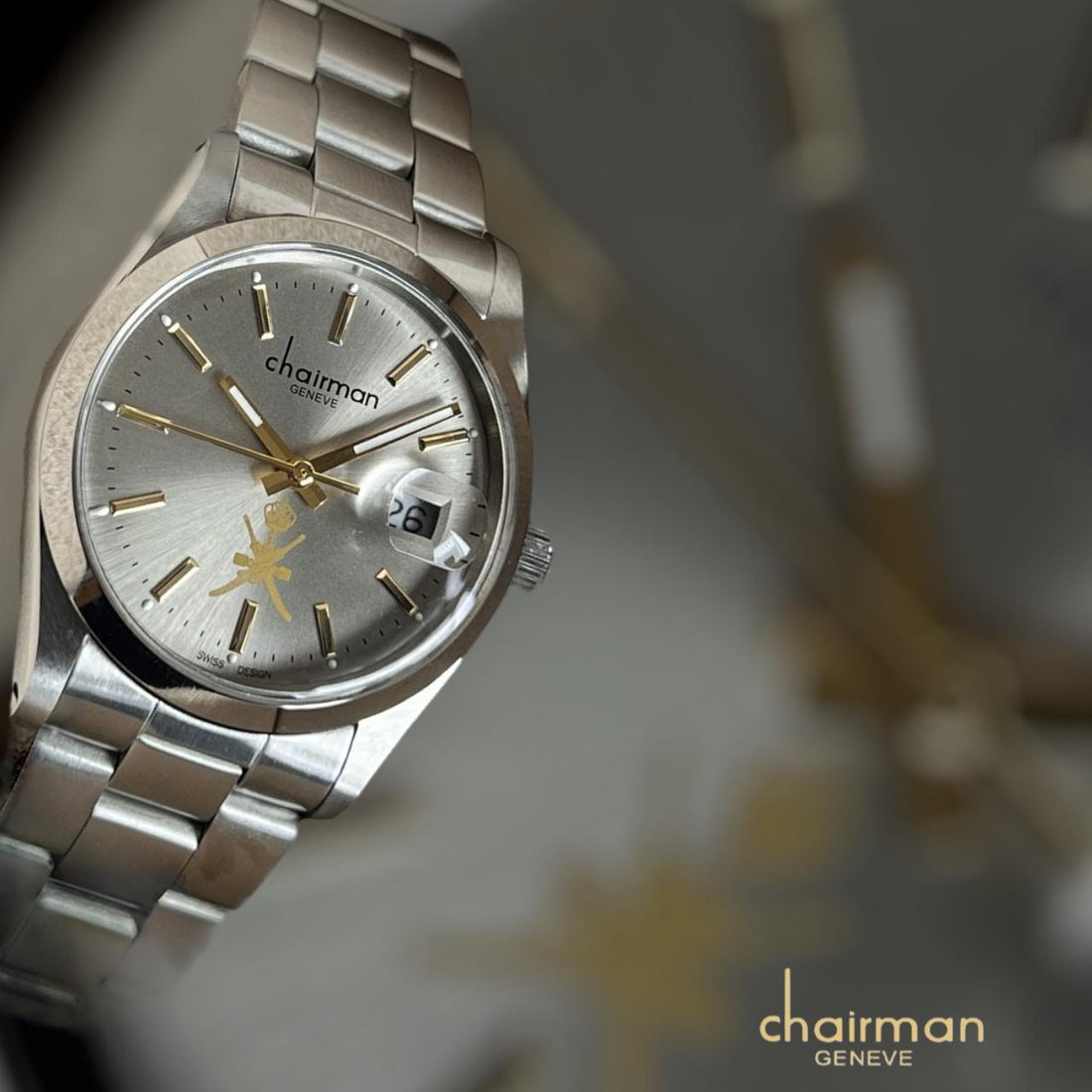 Chairman Geneve Oman Emblem Dated Grey Dial Silver Chain Gents Watch