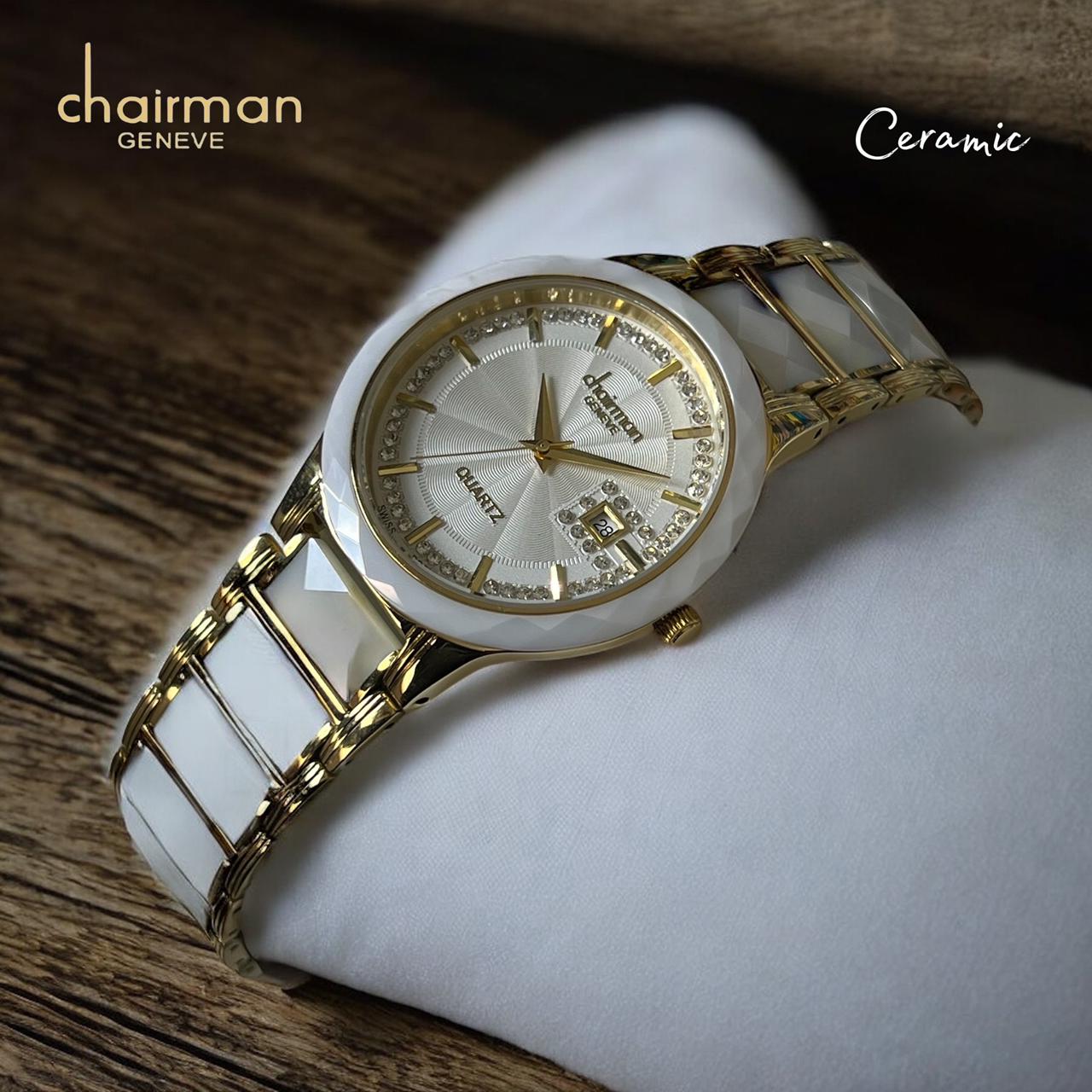 Chairman Geneve Quartz Ceramic Dated  White And Gold Ladies Watch