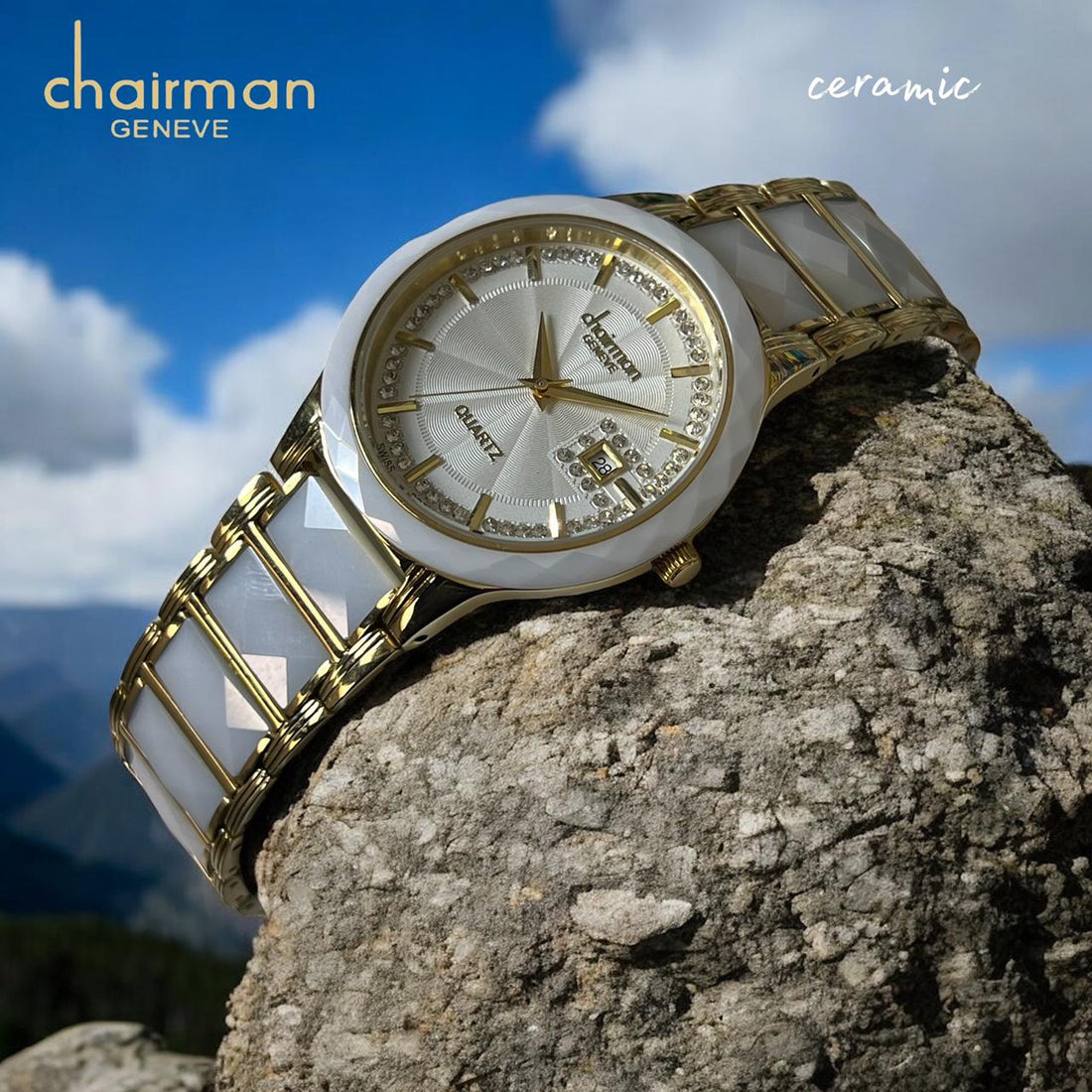 Chairman Geneve Quartz Ceramic Dated  White And Gold Ladies Watch