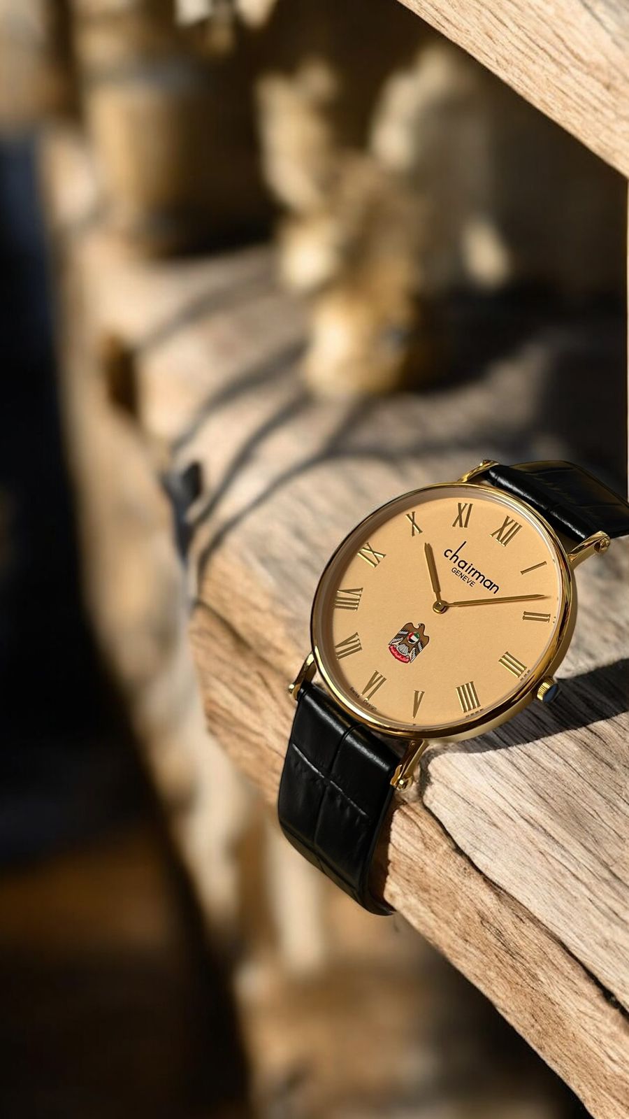 Chairman Geneve Roman Numeral Beige Dial UAE Emblem Black Strap Gents Watch