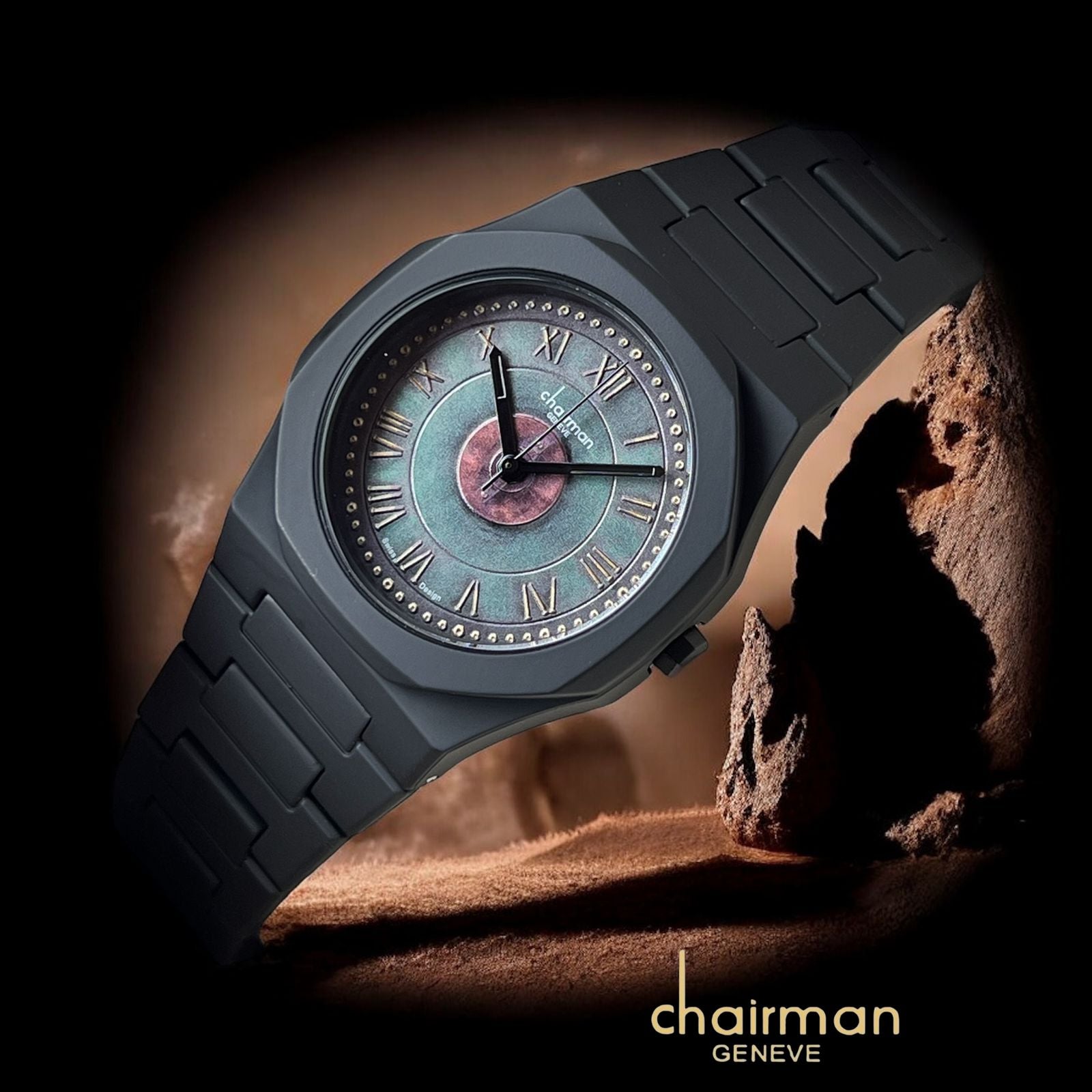 Chairman Geneve Roman Numeral Green Dial Black Chain Gents Watch