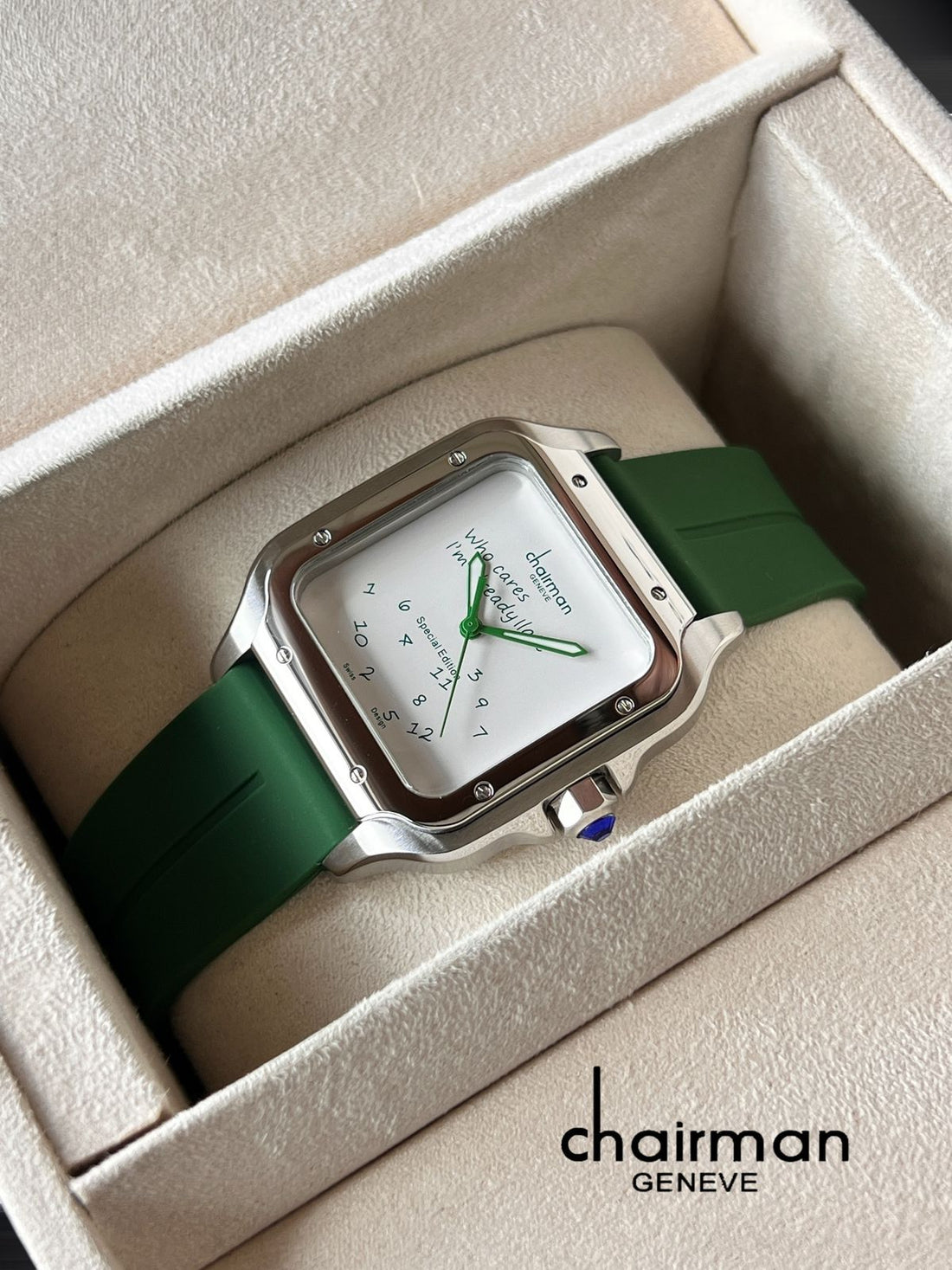 Chairman Geneve Swiss Design White Square Dial Green Strap Gents Watch