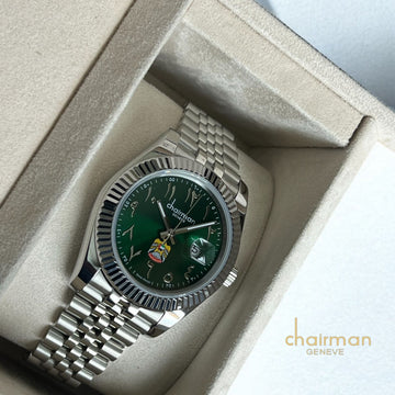 Chairman Geneve UAE Emblem Arabic Dated Green Dial Silver Strap Gents Watch