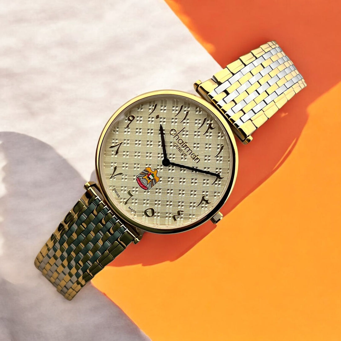 Chairman Geneve UAE Emblem Arabic Golden Dial Gold And Silver Chain Gents Watch