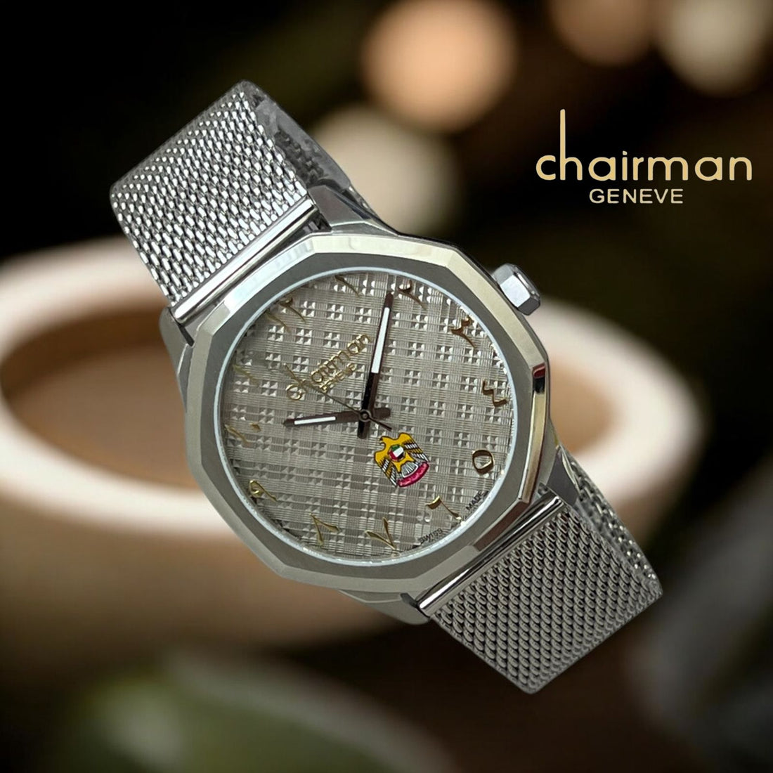Chairman Geneve UAE Emblem Arabic Grey Dial Silver Chain Gents Watch