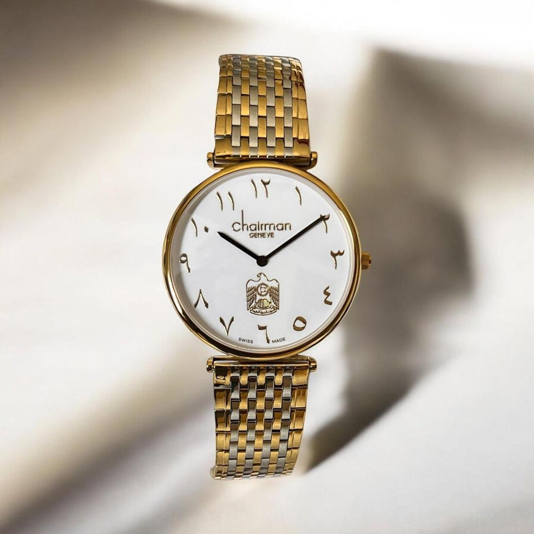 Chairman Geneve UAE Emblem Arabic White Dial Gold And Silver Chain Gents Watch