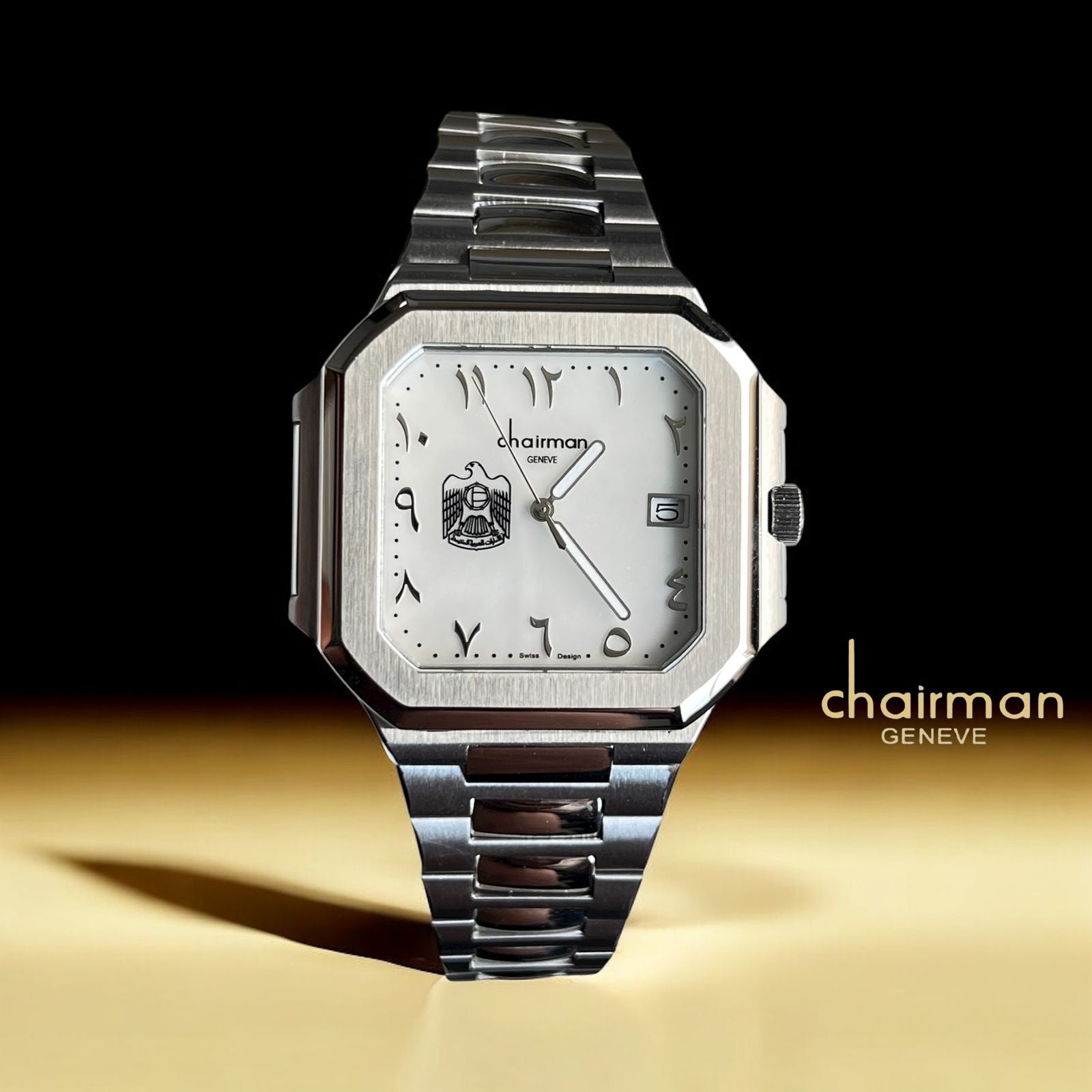 Chairman Geneve UAE Emblem Dated Arabic White Dial Silver Chain Gents Watch