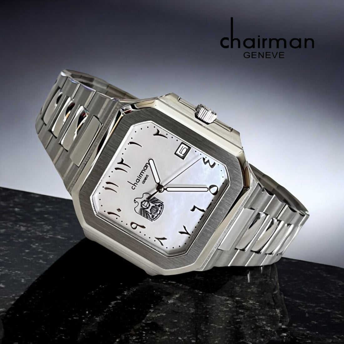 Chairman Geneve UAE Emblem Dated Arabic White Dial Silver Chain Gents Watch
