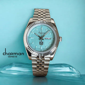 Chairman Geneve UAE Emblem Day And Dated Sky Blue Dial Silver Chain Gents Watch