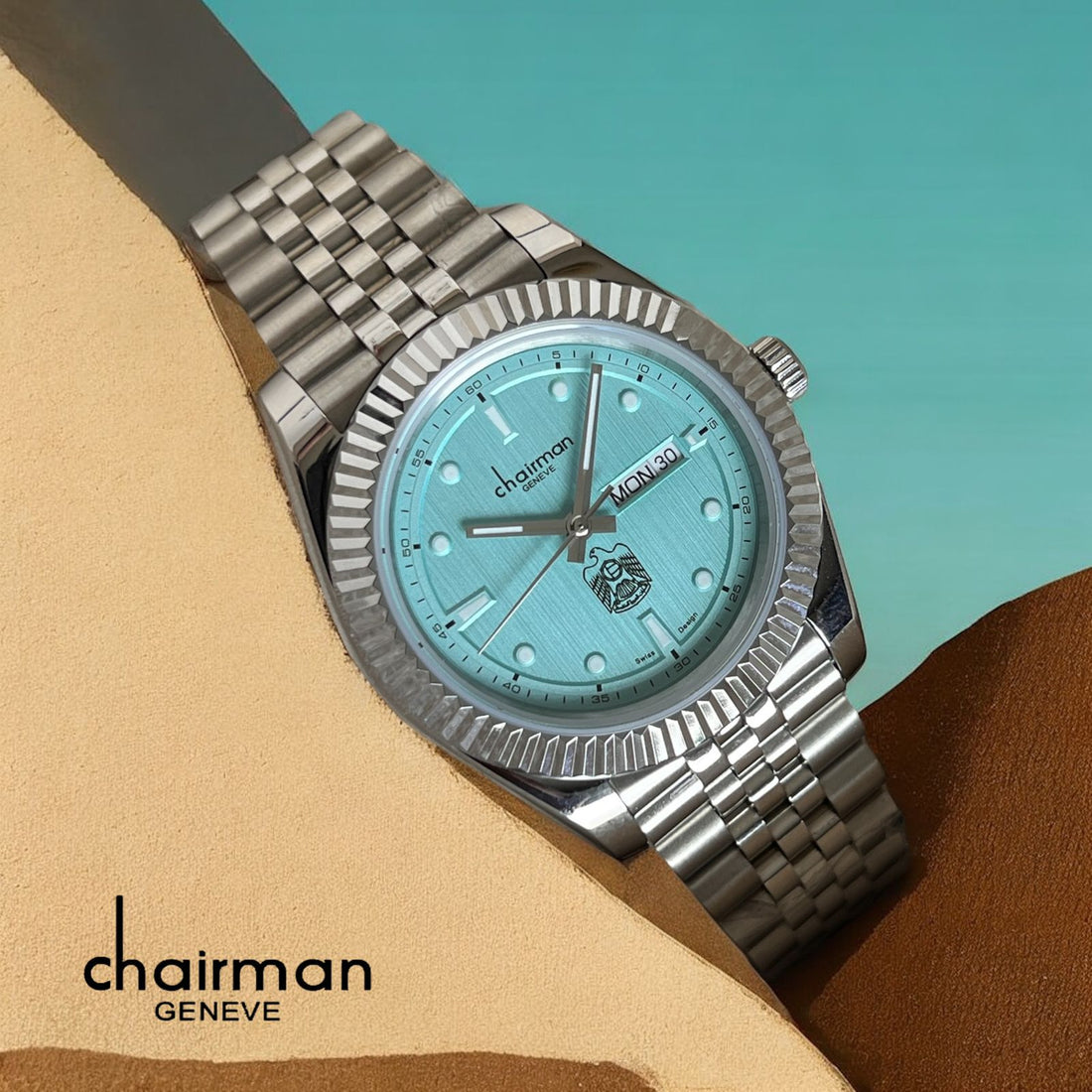 Chairman Geneve UAE Emblem Day And Dated Sky Blue Dial Silver Chain Gents Watch