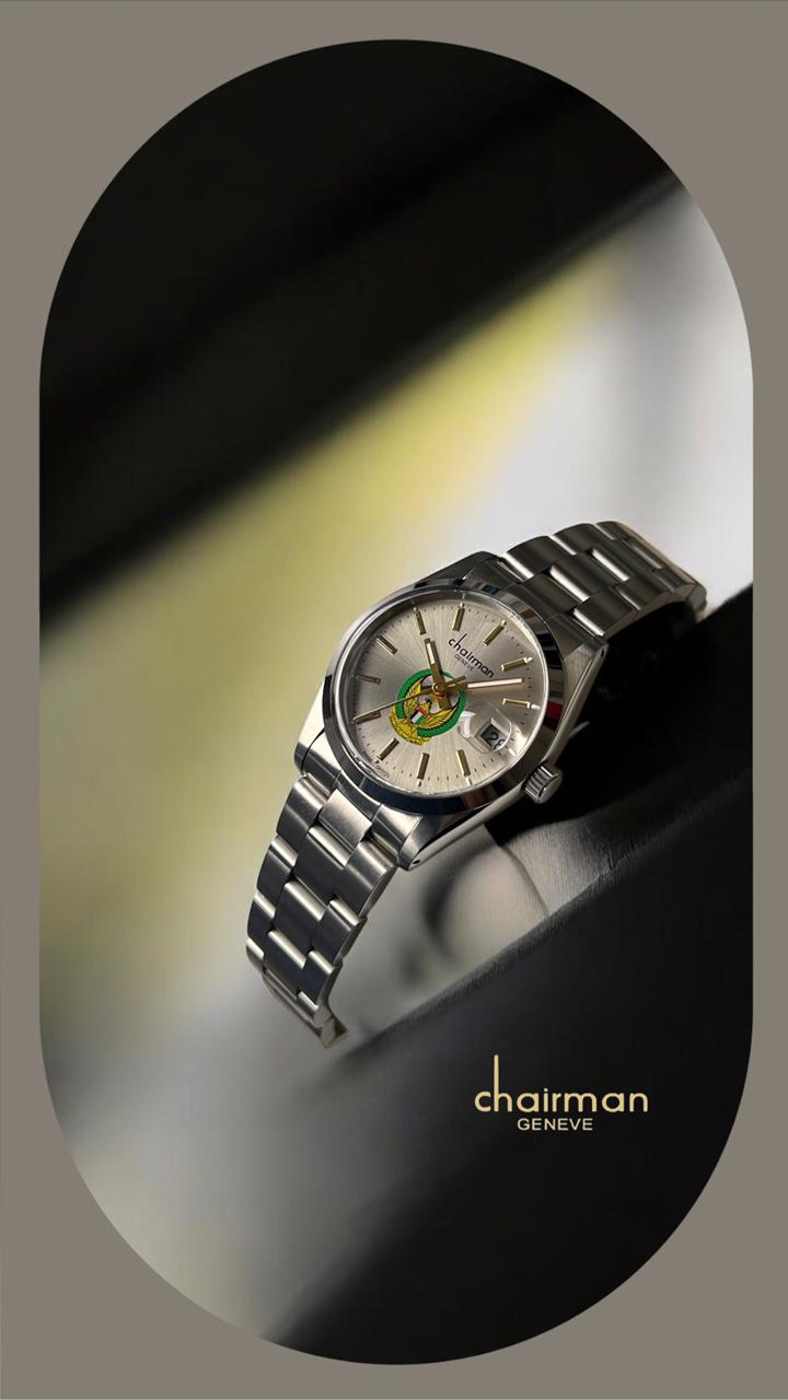 Chairman Geneve UAE Emblem Grey Dated Dial Silver Chain Gents Watch