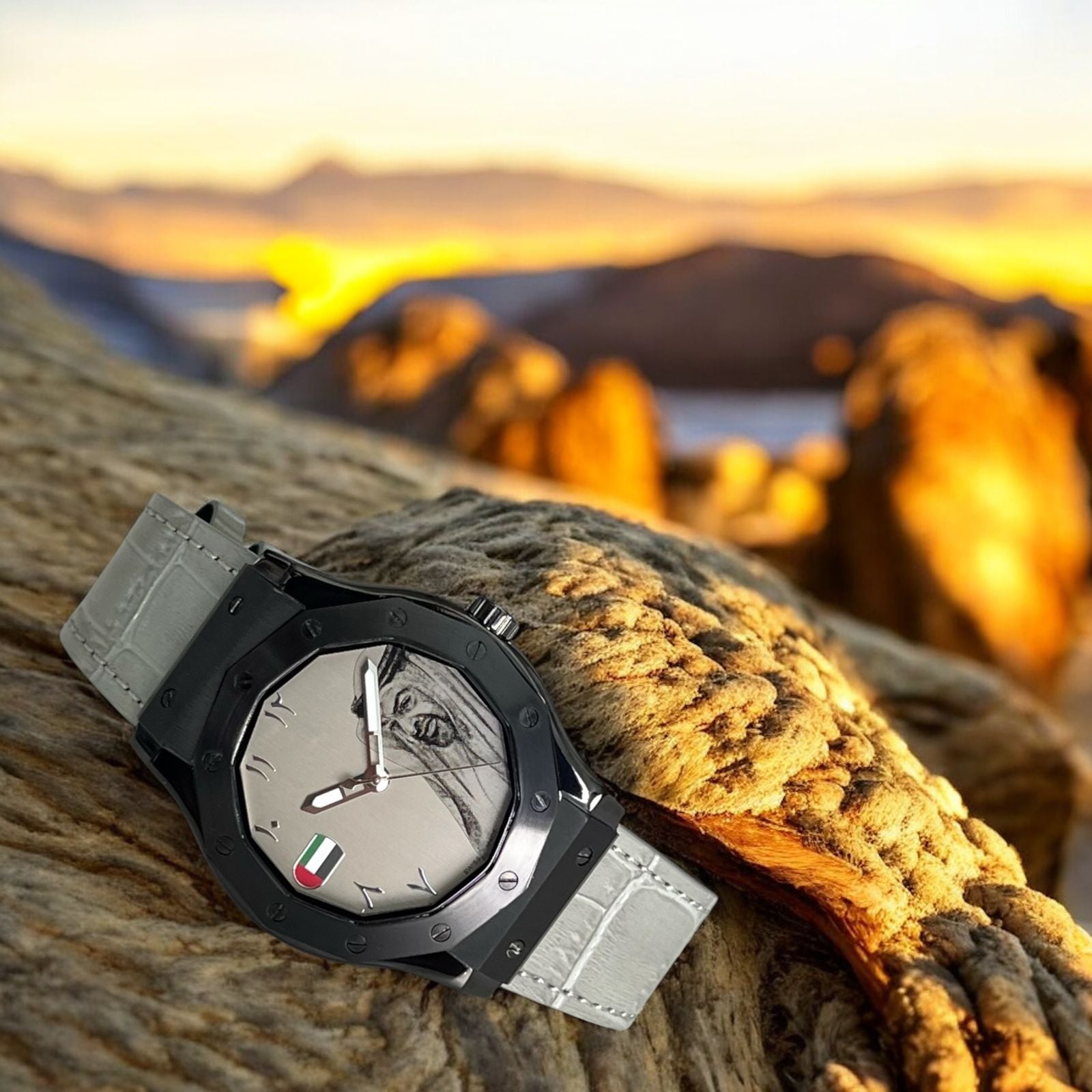 Chairman Geneve UAE Flag Sheik Arabic Grey Dial Grey Strap Gents Watch