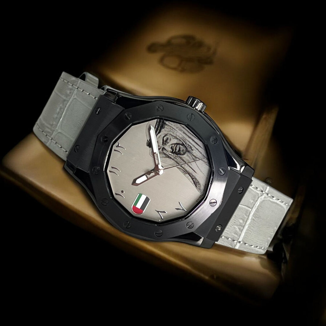 Chairman Geneve UAE Flag Sheik Arabic Grey Dial Grey Strap Gents Watch