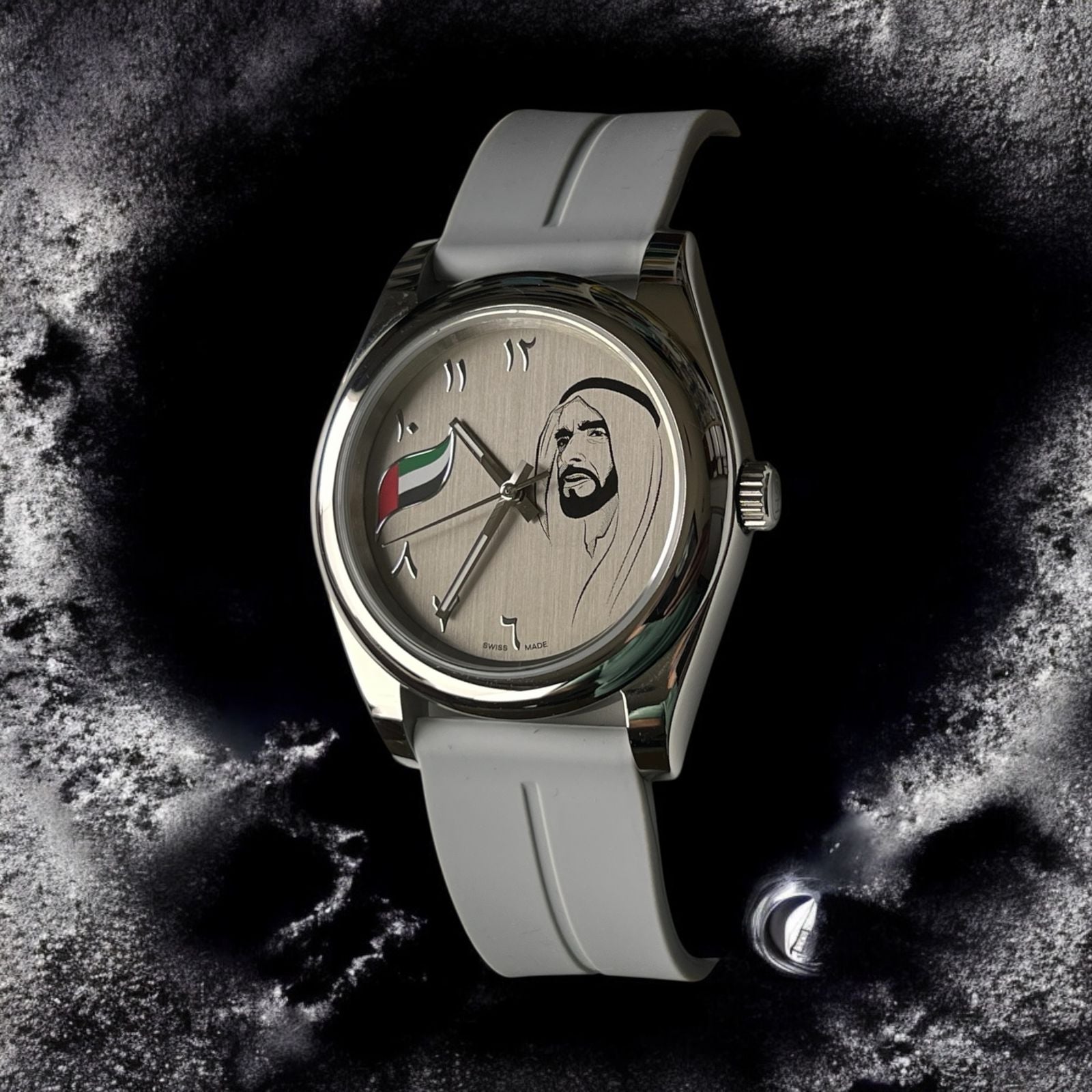 Chairman Geneve UAE Flag Sheik Beige Arabic Dial Grey Strap Gents Watch
