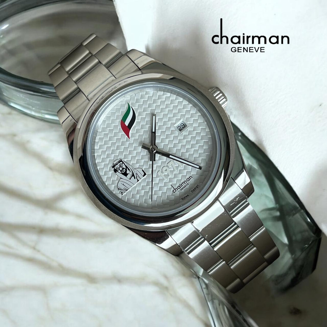 Chairman Geneve UAE Flag Sheik Photo Dated White Dial Silver Chain Gents Watch