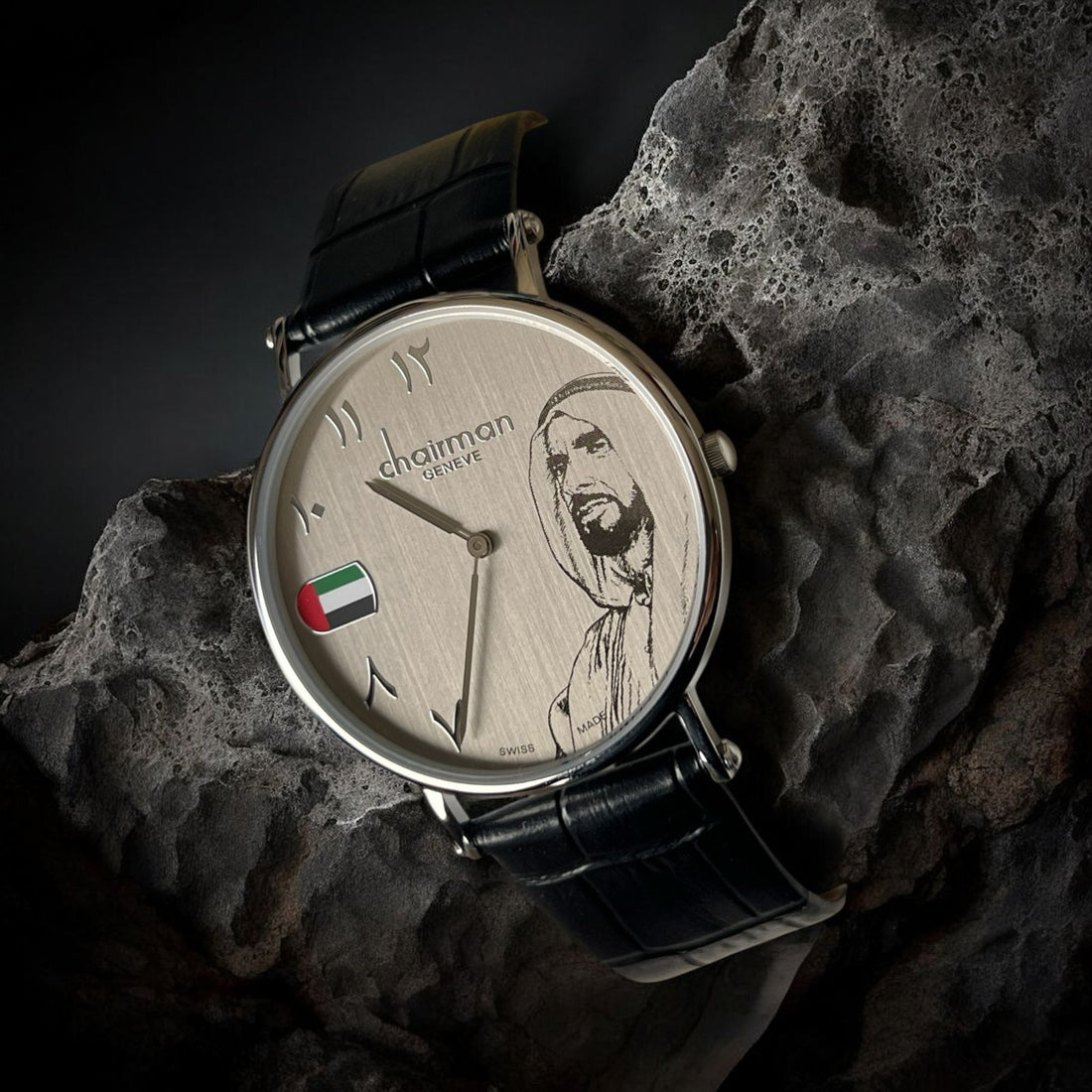 Chairman Geneve UAE Sheikh Flag Photo Grey Dial Black Strap Gents Watch
