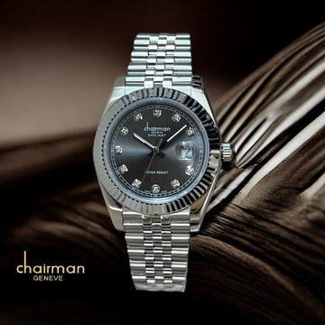 Chairman Geneve Water Resist Black Dated Dial Silver Chain Gents Watch