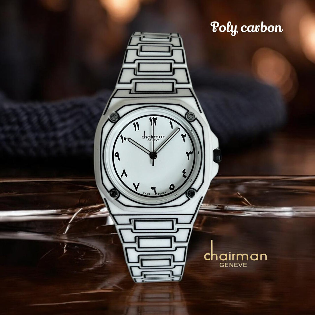 Chairman Geneve White Arabic Dial White And Black Strap Poly Carbon Gents Watch