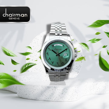 Chairman Mens Gift Watch Arabic Green Dial Silver Chain Strap