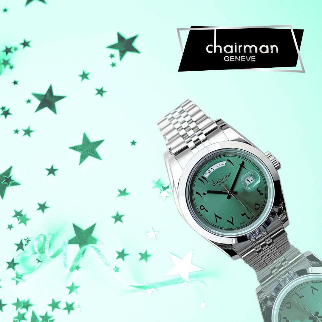 Chairman Mens Gift Watch Arabic Green Dial Silver Chain Strap