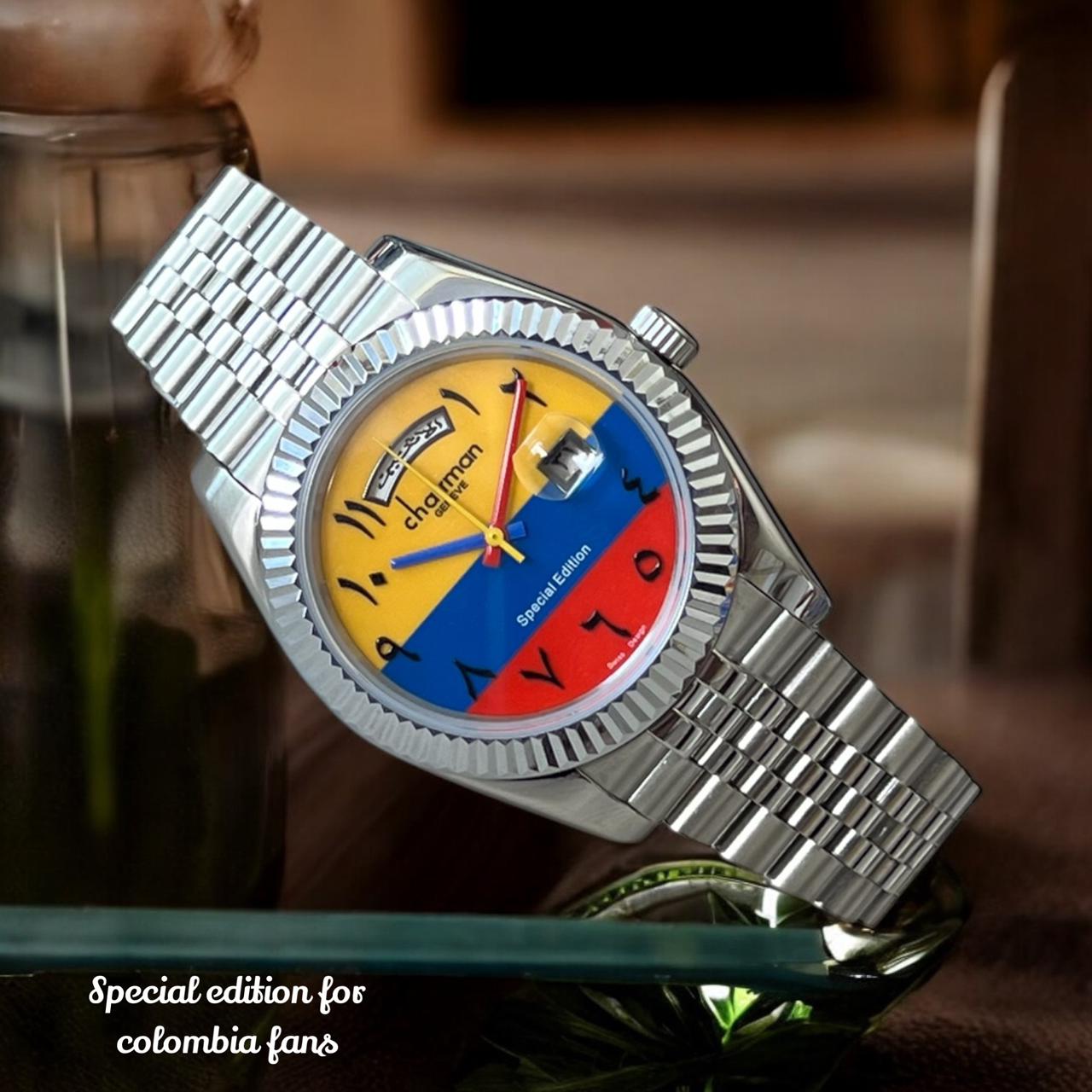 Colombia Fans Chairman Geneve Dated Arabic Mixed Color Dial Silver Chain Gents Watch