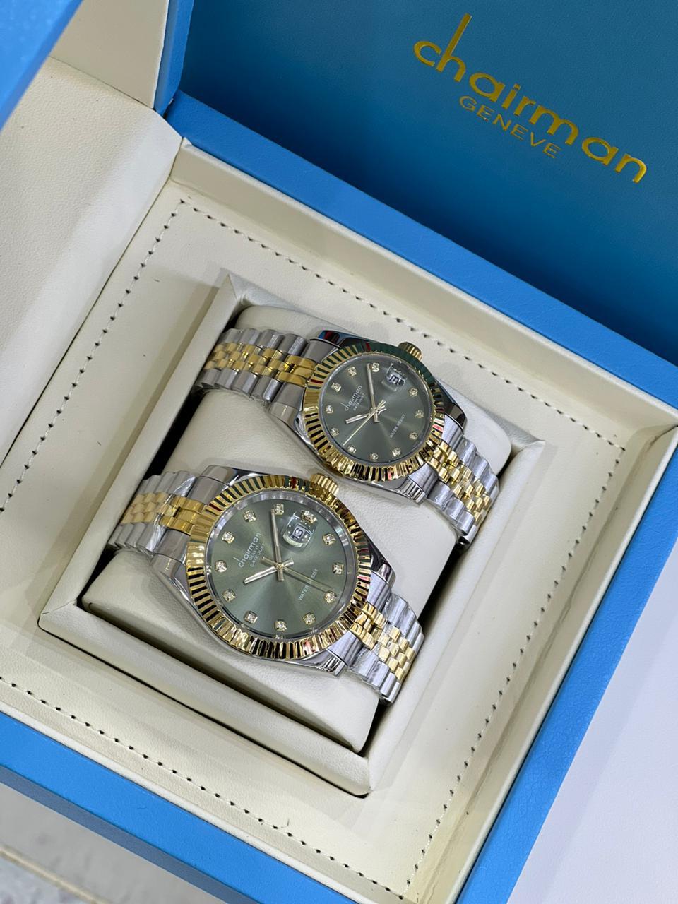 Couple Combo Gift Watch With Golden Silver Chain Strap And Gray Dial