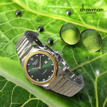 Diamond Chairman Geneve Dated Green Dial Silver And Gold Chain Ladies Watch