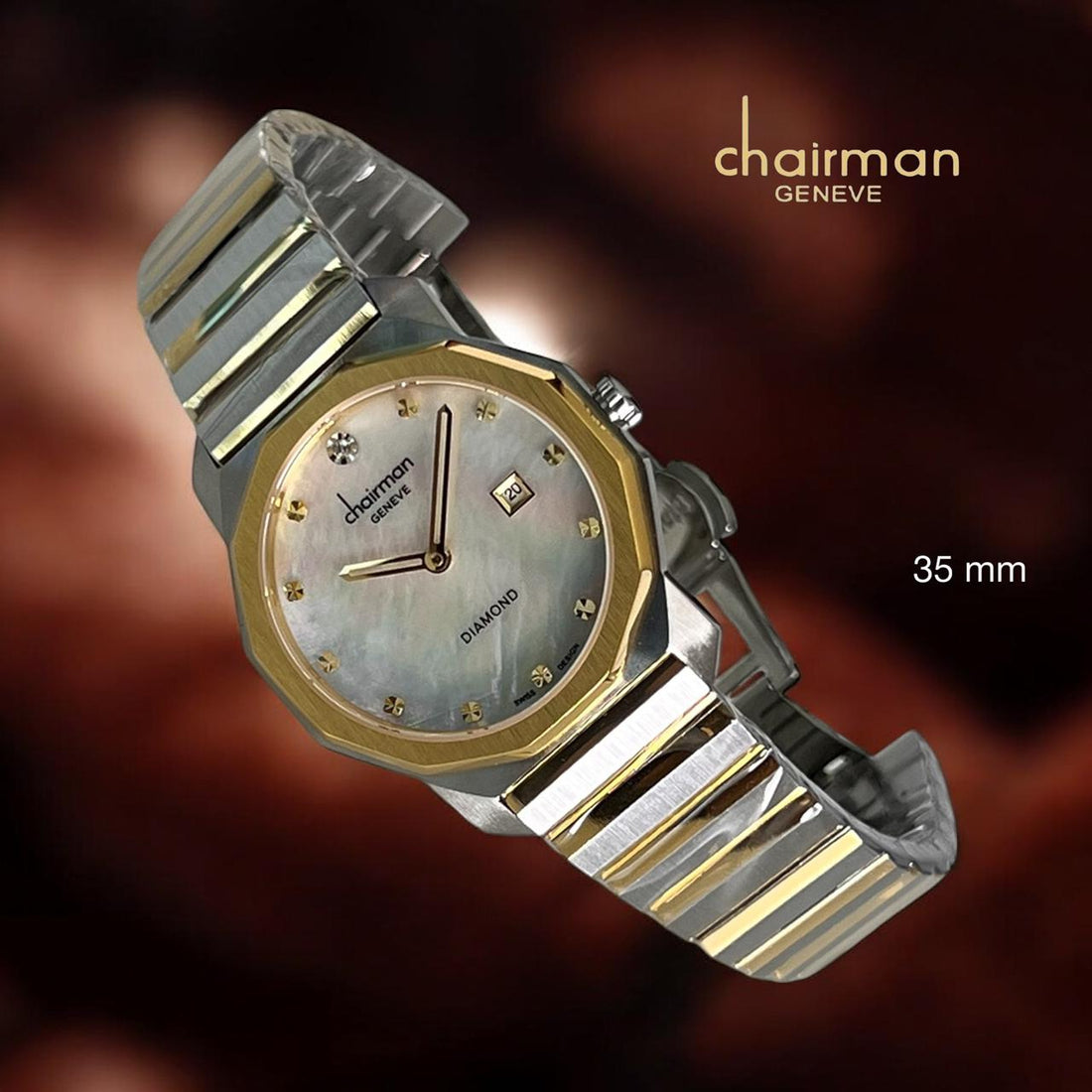 Diamond Chairman Geneve Dated White Marble Dial Silver And Gold Dial Ladies Watch