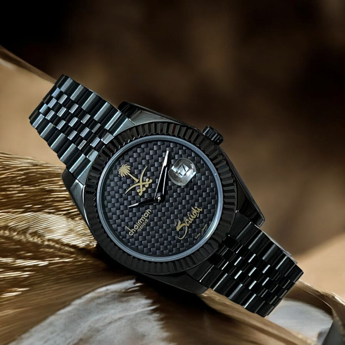 Emblem Of Saudi Arabia Dated Black Dial Black Strap Chairman Geneve Gents Watch
