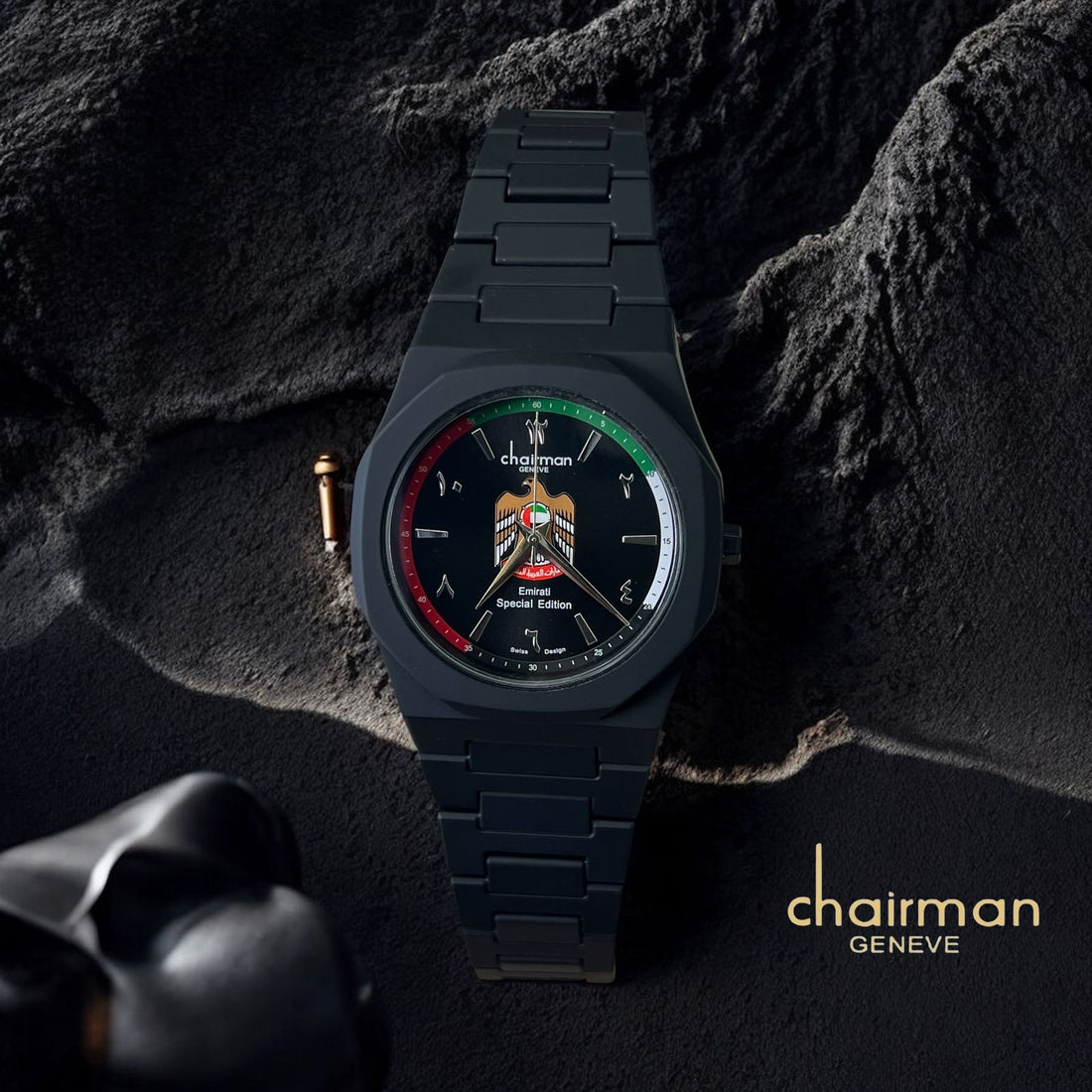 Emirati Special Edition Chairman Geneve UAE Emblem Arabic Black Dial Black Strap Gents Watch