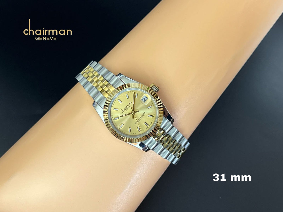 Golden Dated Dial Chairman Geneve Silver Gold Chain Gents Watch