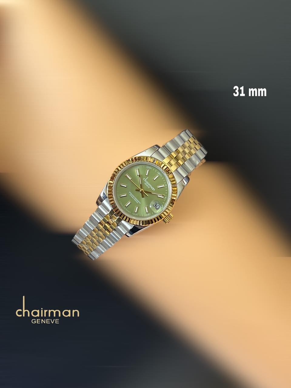 Green Dated Dial Gold Silver Strap Chairman Geneve Ladies Watch
