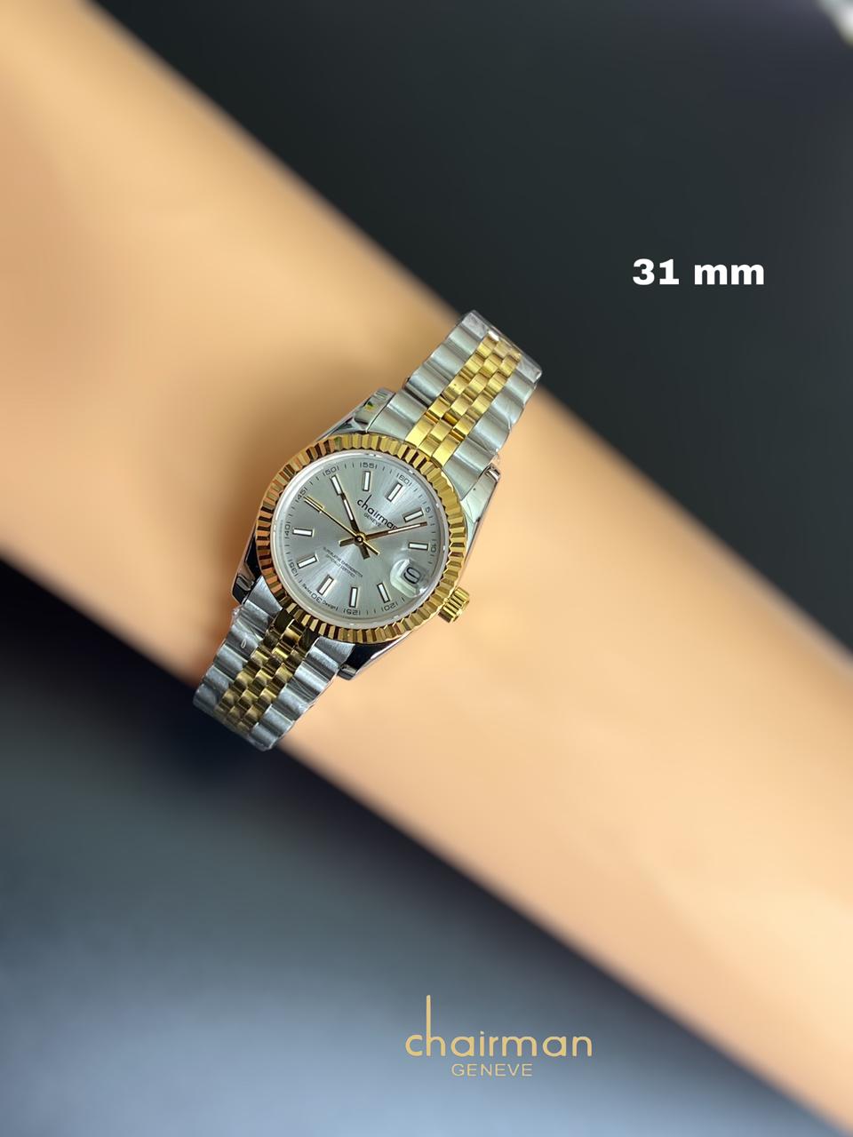 Grey Dated Dial Silver Gold Strap Chairman Geneve Ladies Watch