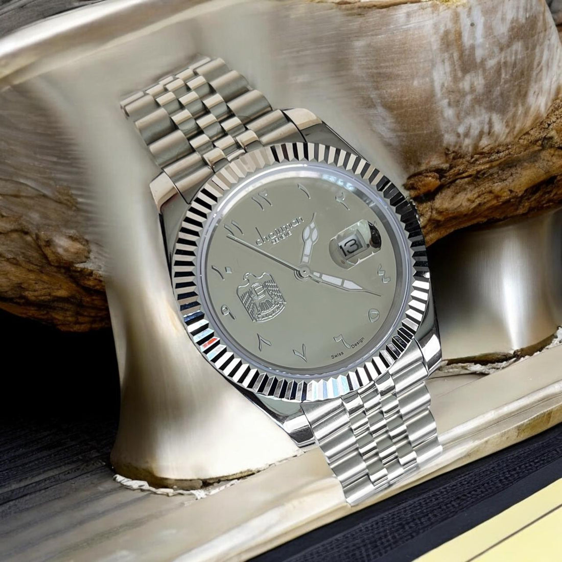 Mirror Dial Chairman Geneve UAE Emblem Dated Arabic Grey Dial Silver Chain Gents Watch